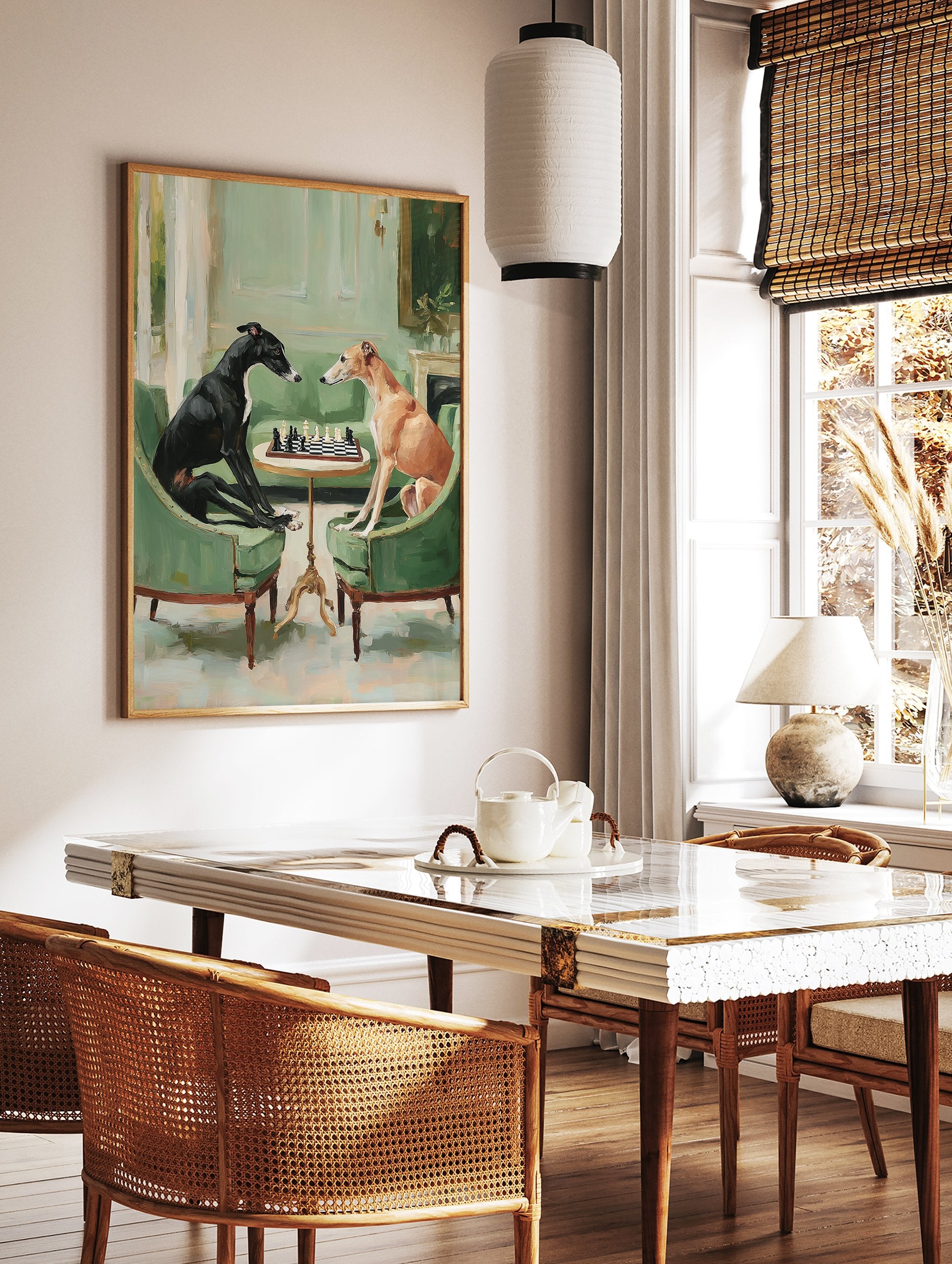 Whimsical painting of two greyhound dogs, one black and one fawn, playing chess in green armchairs in an elegant room. - Image 2