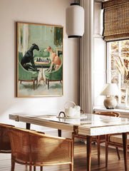 Whimsical painting of two greyhound dogs, one black and one fawn, playing chess in green armchairs in an elegant room. - Image 2