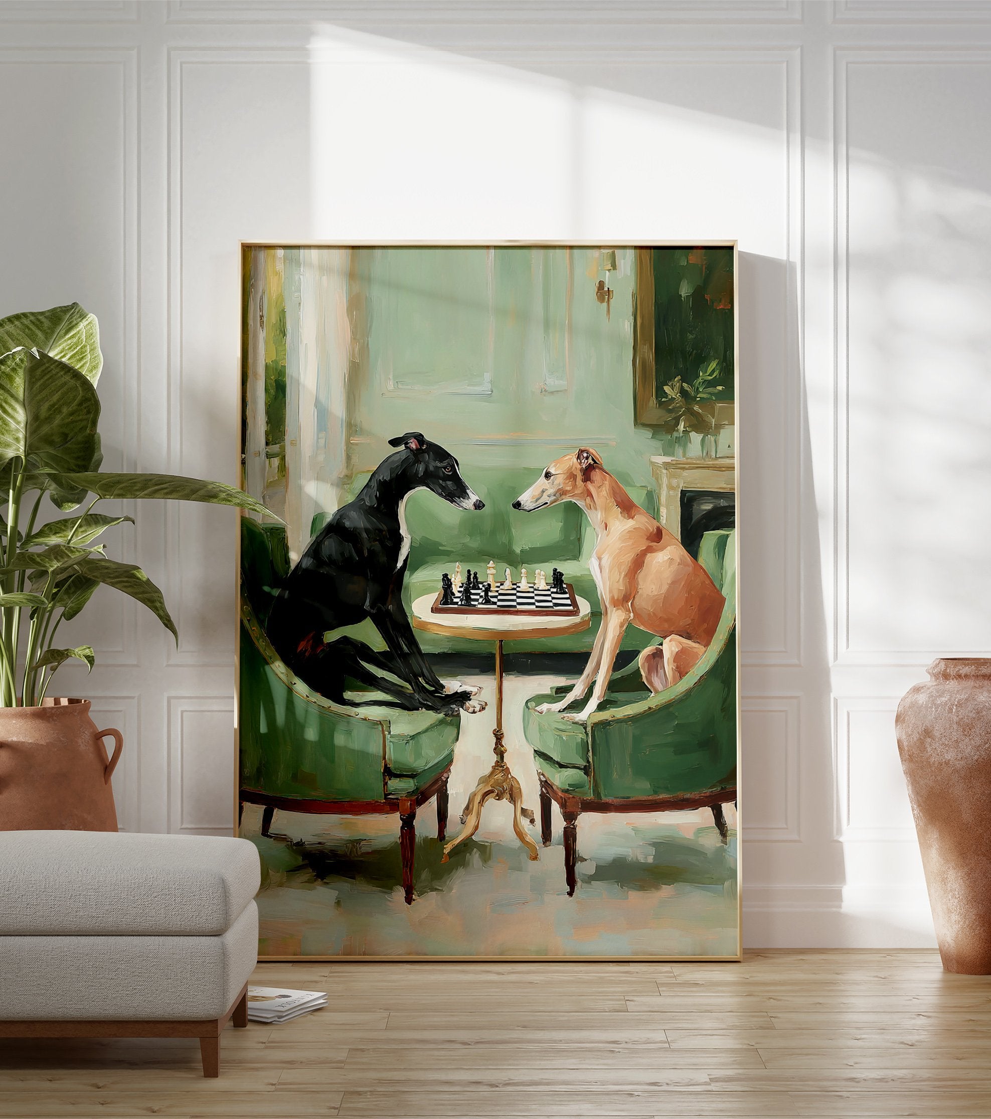 Whimsical painting of two greyhound dogs, one black and one fawn, playing chess in green armchairs in an elegant room. - Image 3