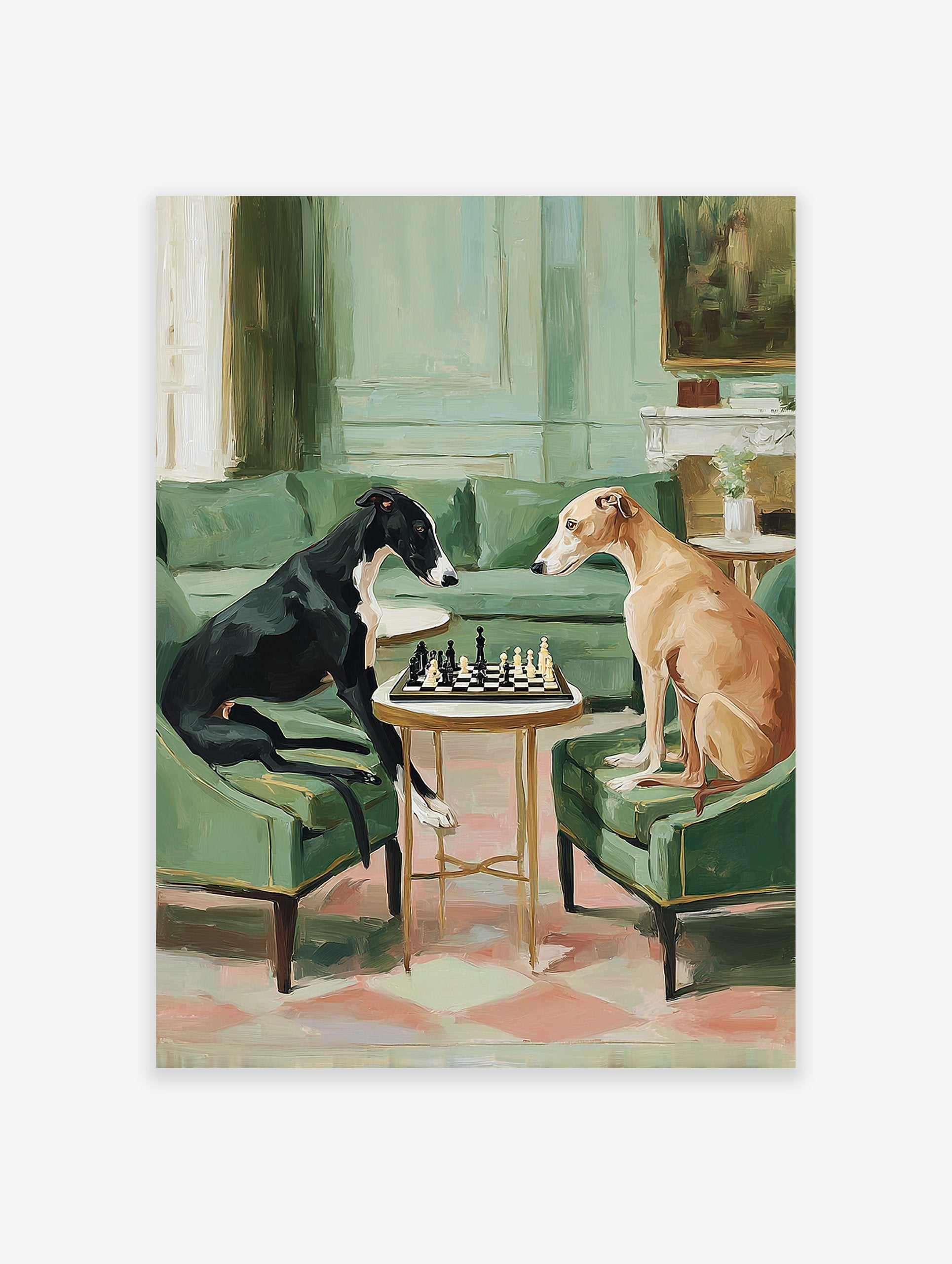 Painting of two greyhound dogs playing chess in an elegant green room, one black and one tan, facing each other.