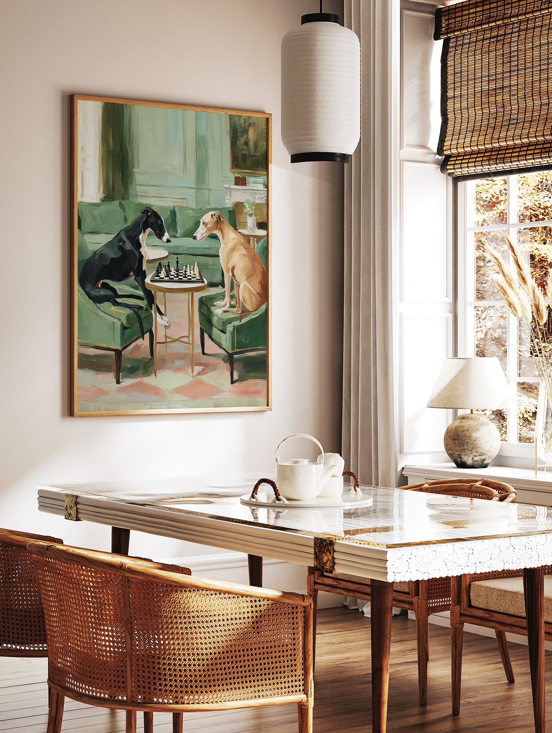 Painting of two greyhound dogs playing chess in an elegant green room, one black and one tan, facing each other. - Image 2