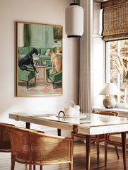 Painting of two greyhound dogs playing chess in an elegant green room, one black and one tan, facing each other. - Image 2