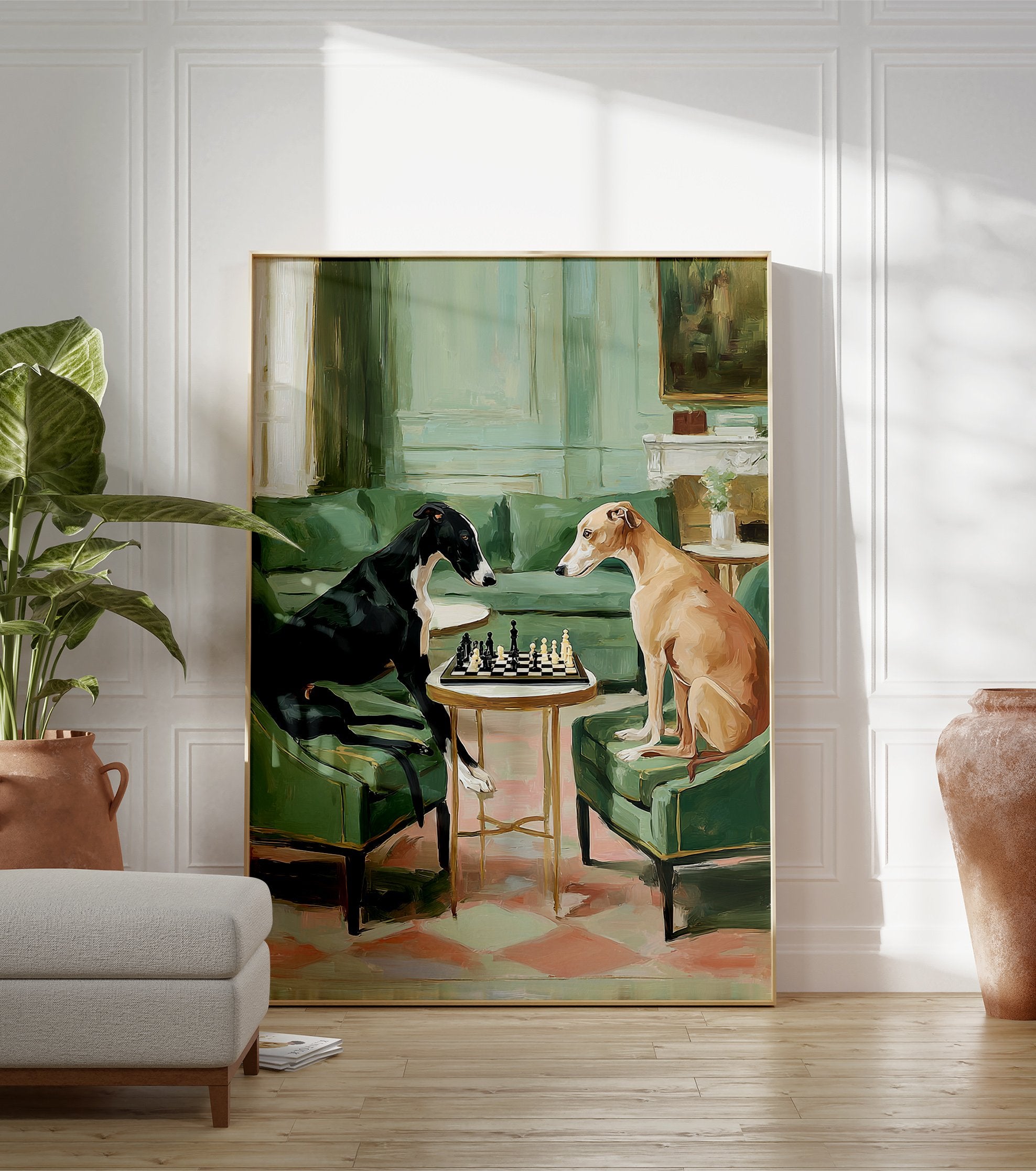 Painting of two greyhound dogs playing chess in an elegant green room, one black and one tan, facing each other. - Image 3
