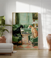 Painting of two greyhound dogs playing chess in an elegant green room, one black and one tan, facing each other. - Image 3