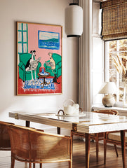 Illustrative art print of two greyhound dogs reading newspapers in a pink and green room with a black cat and seascape painting. - Image 2
