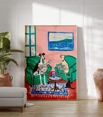 Illustrative art print of two greyhound dogs reading newspapers in a pink and green room with a black cat and seascape painting. - Image 3