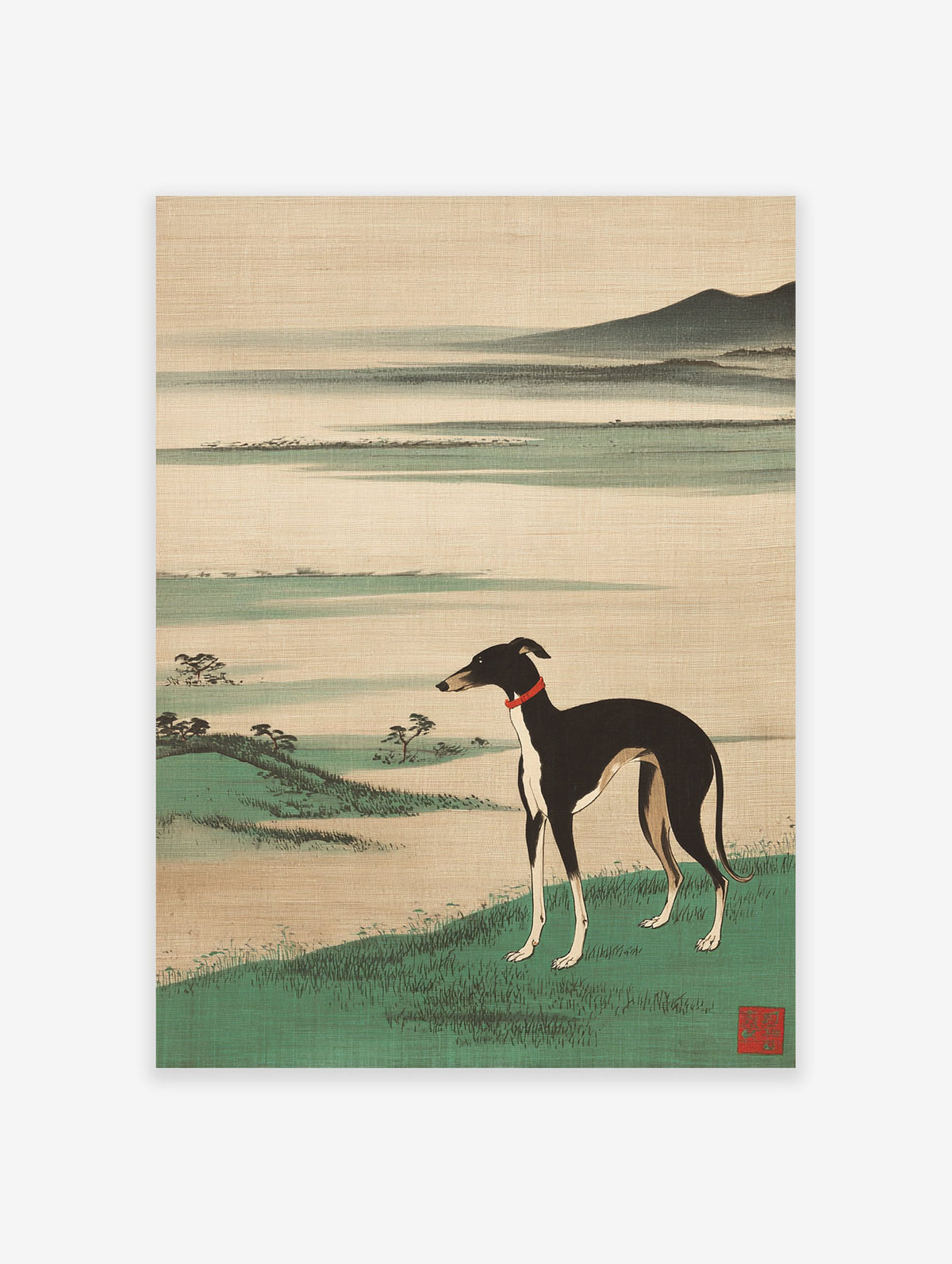 Elegant black and white greyhound dog in Japanese Ukiyo-e landscape art print with red collar and green grass.