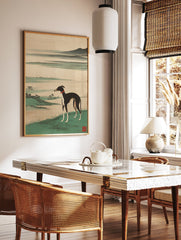 Elegant black and white greyhound dog in Japanese Ukiyo-e landscape art print with red collar and green grass. - Image 2