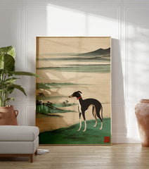 Elegant black and white greyhound dog in Japanese Ukiyo-e landscape art print with red collar and green grass. - Image 3