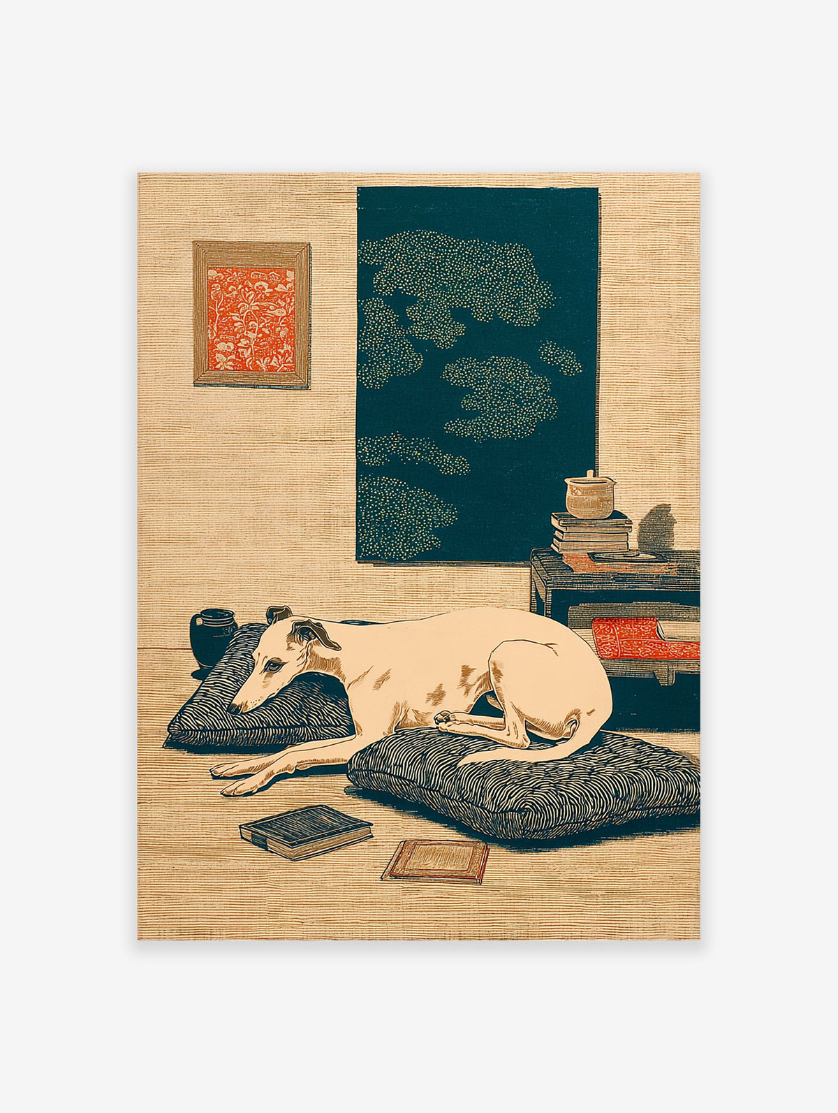 Japanese woodblock style greyhound dog wall art print showing a cream dog resting on cushions in a serene room with art.