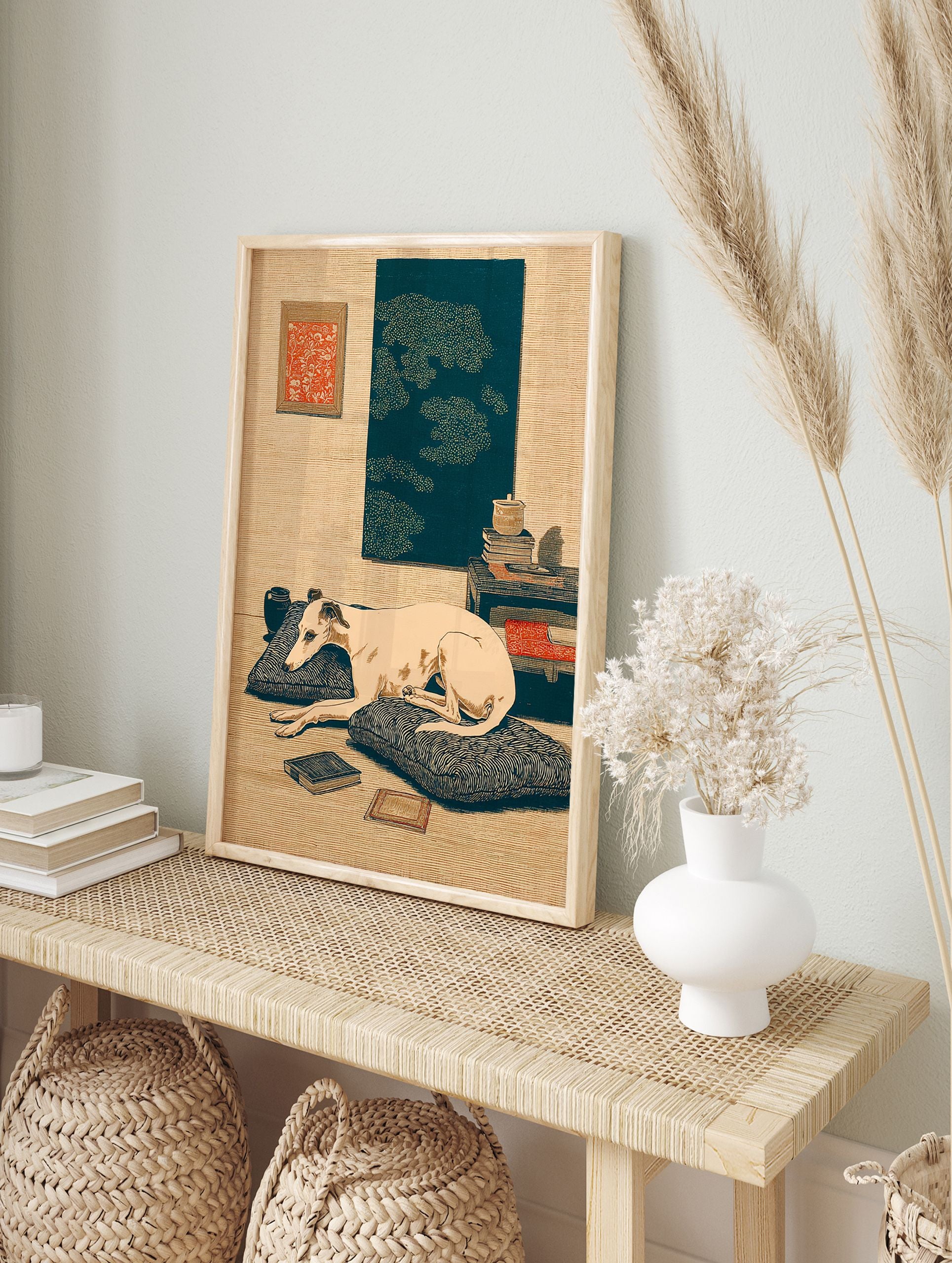 Japanese woodblock style greyhound dog wall art print showing a cream dog resting on cushions in a serene room with art. - Image 3