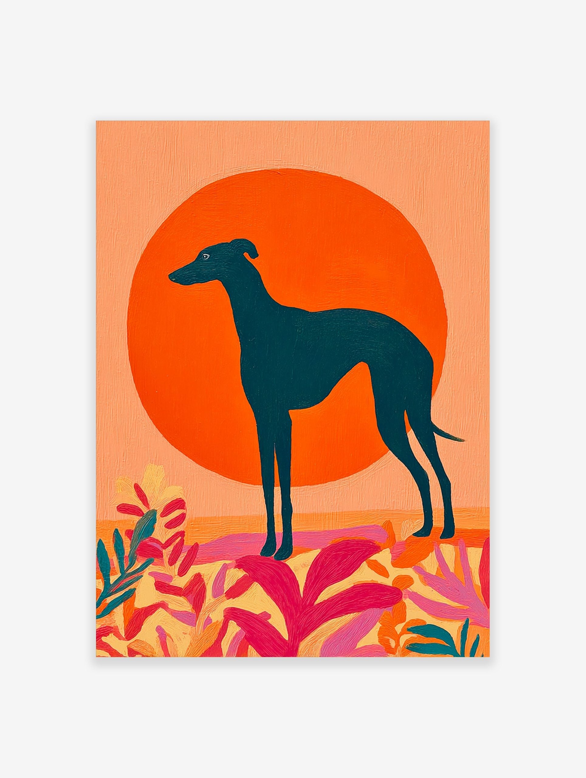 Teal greyhound dog silhouette against a large orange sun with vibrant pink and yellow abstract plants
