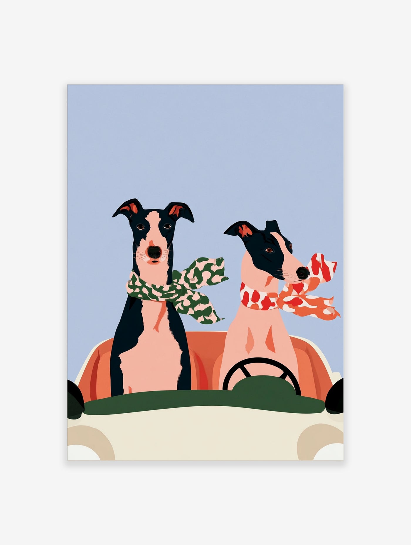 Illustrative art print of two greyhounds driving a car with colourful patterned scarves against a blue background