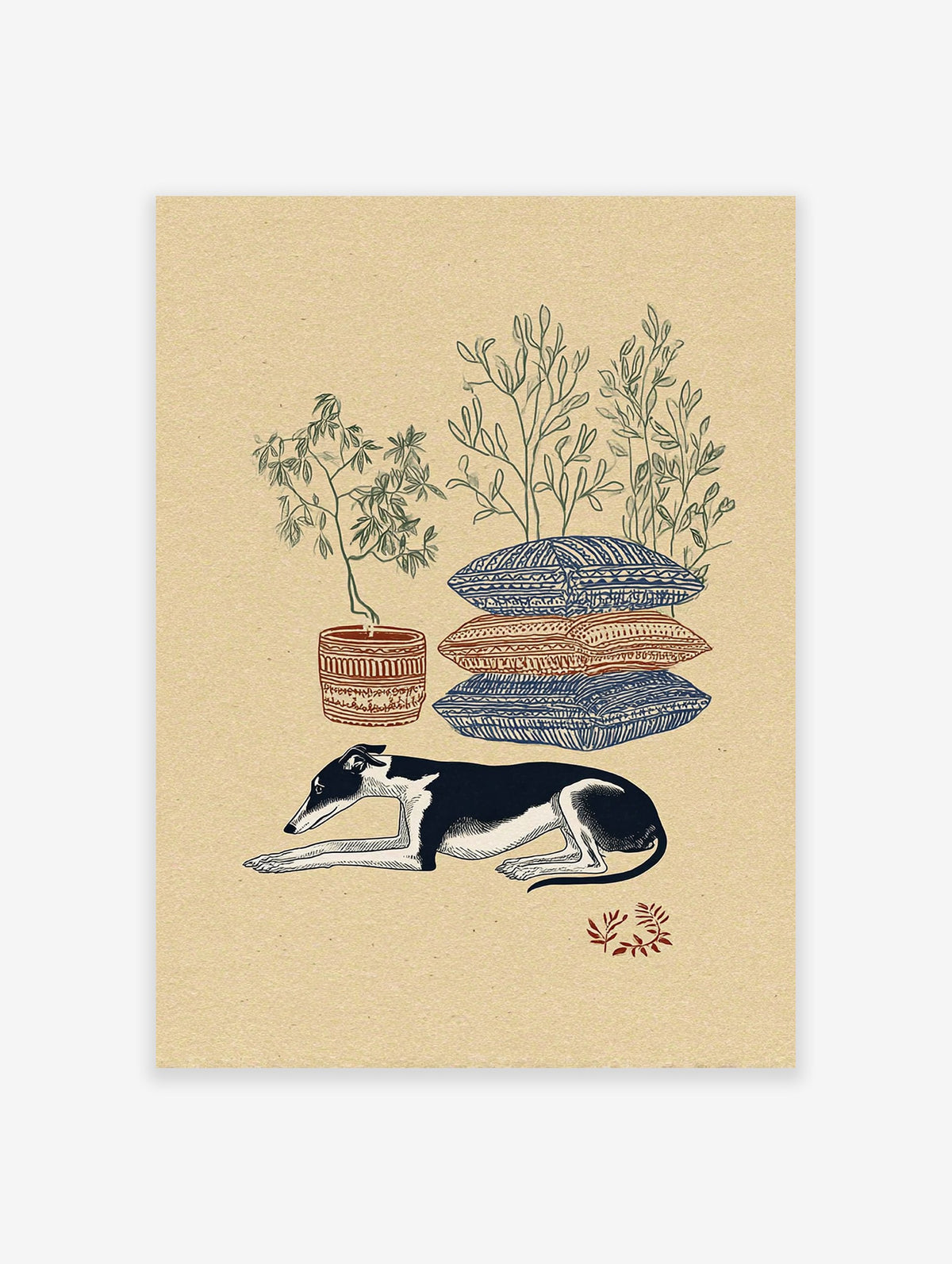 Illustrated greyhound dog laying down with patterned pillows and potted plants on a beige background, bohemian wall art.