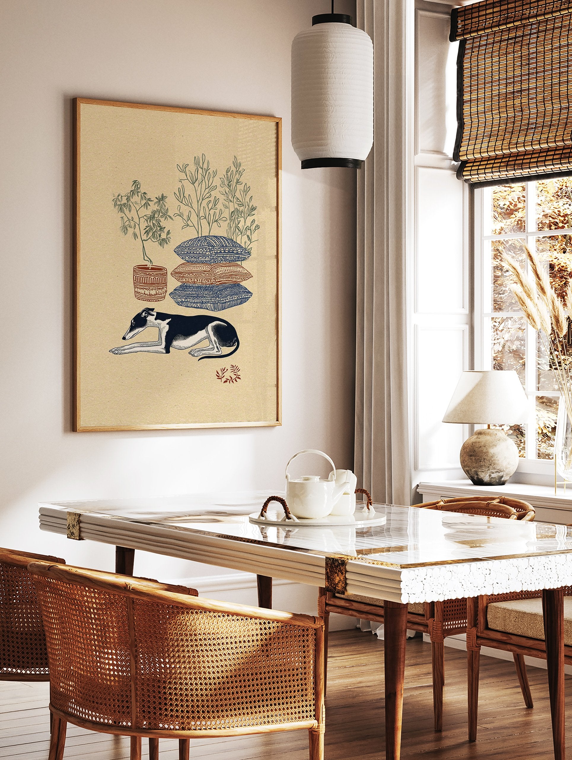 Illustrated greyhound dog laying down with patterned pillows and potted plants on a beige background, bohemian wall art. - Image 2