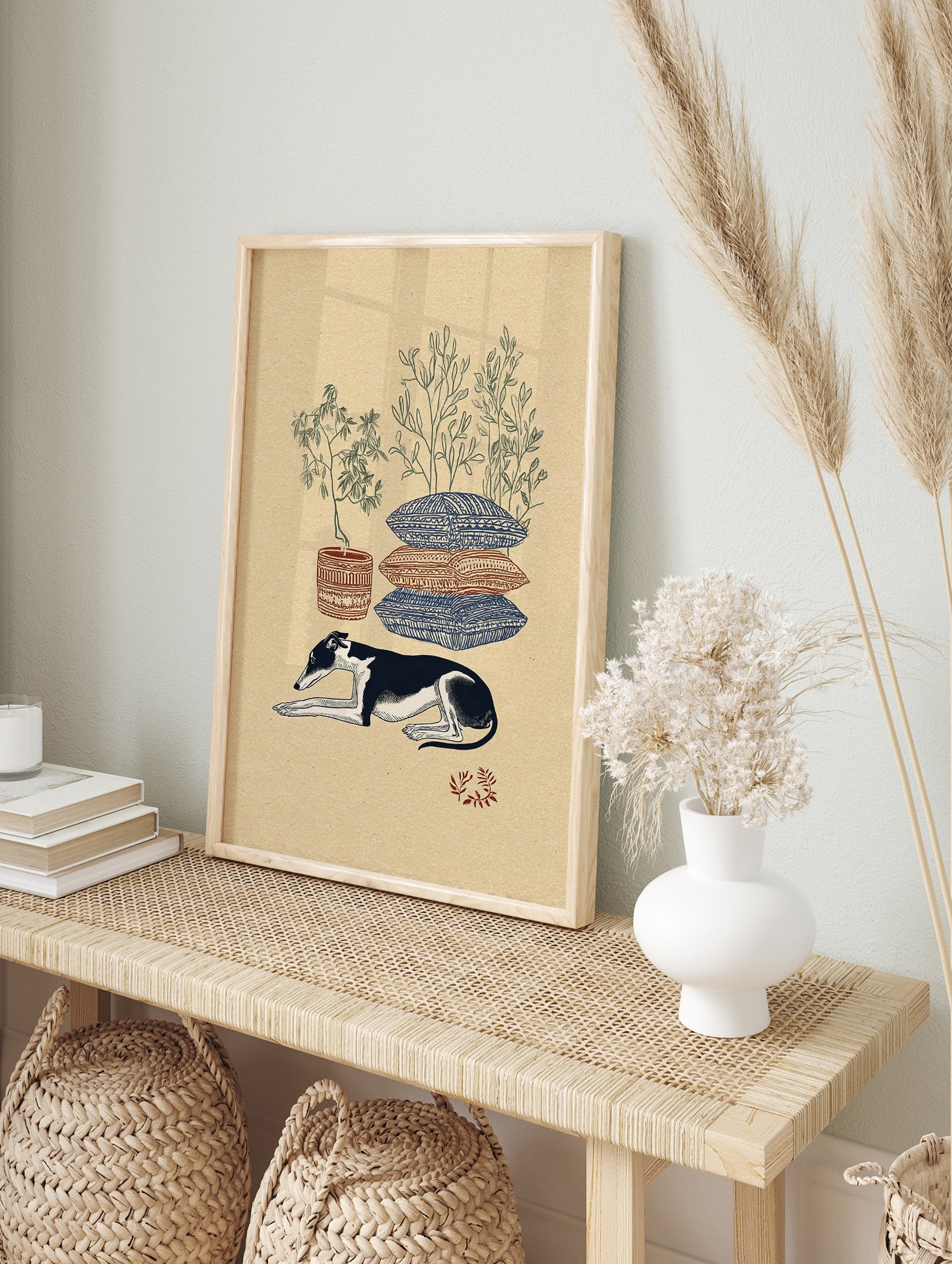 Illustrated greyhound dog laying down with patterned pillows and potted plants on a beige background, bohemian wall art. - Image 3