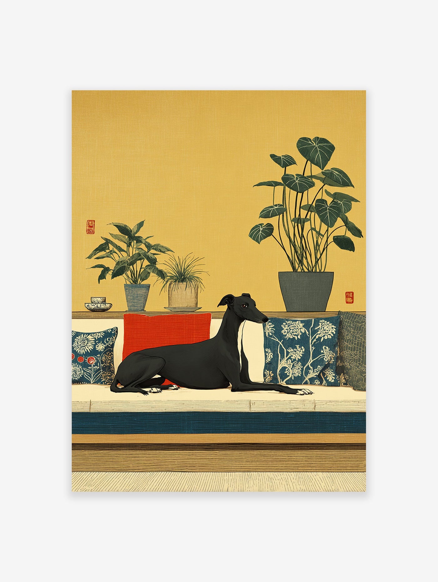 Japanese style Greyhound Wall Art print with a black dog on a sofa, green plants, and yellow background.