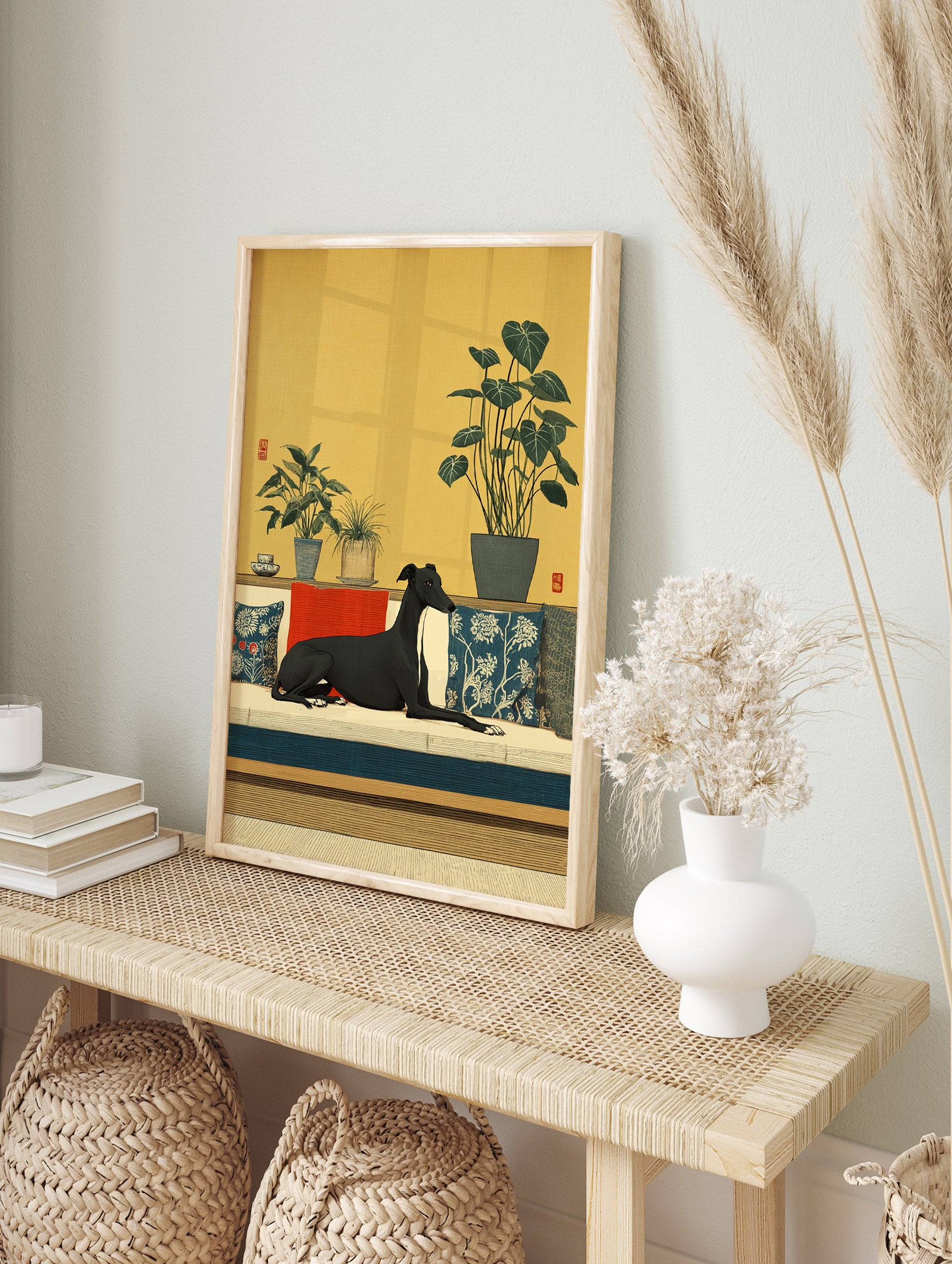 Japanese style Greyhound Wall Art print with a black dog on a sofa, green plants, and yellow background. - Image 3