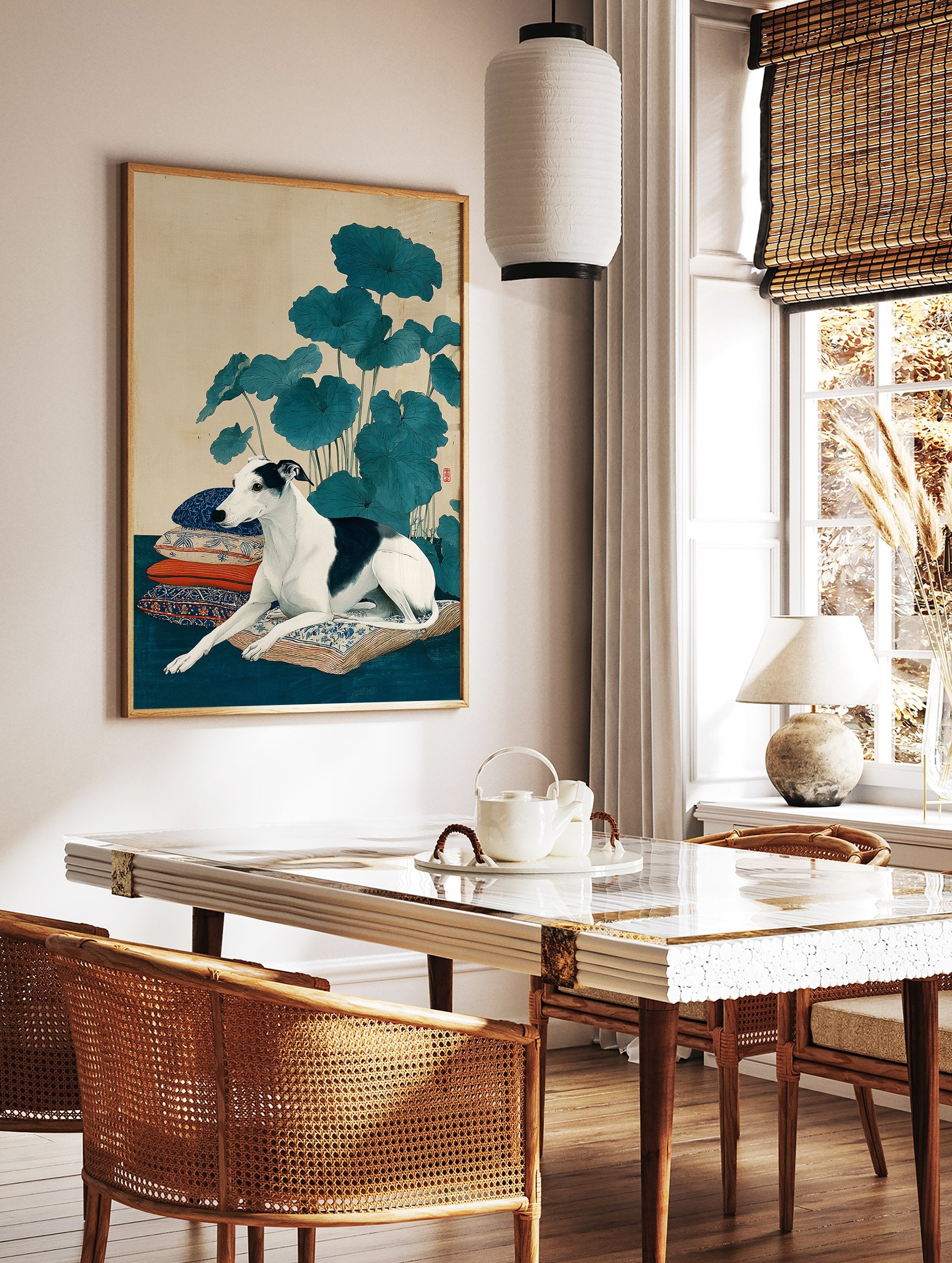 Japanese style greyhound dog wall art print lying on patterned pillows with large blue lotus leaves in a cream background. - Image 2