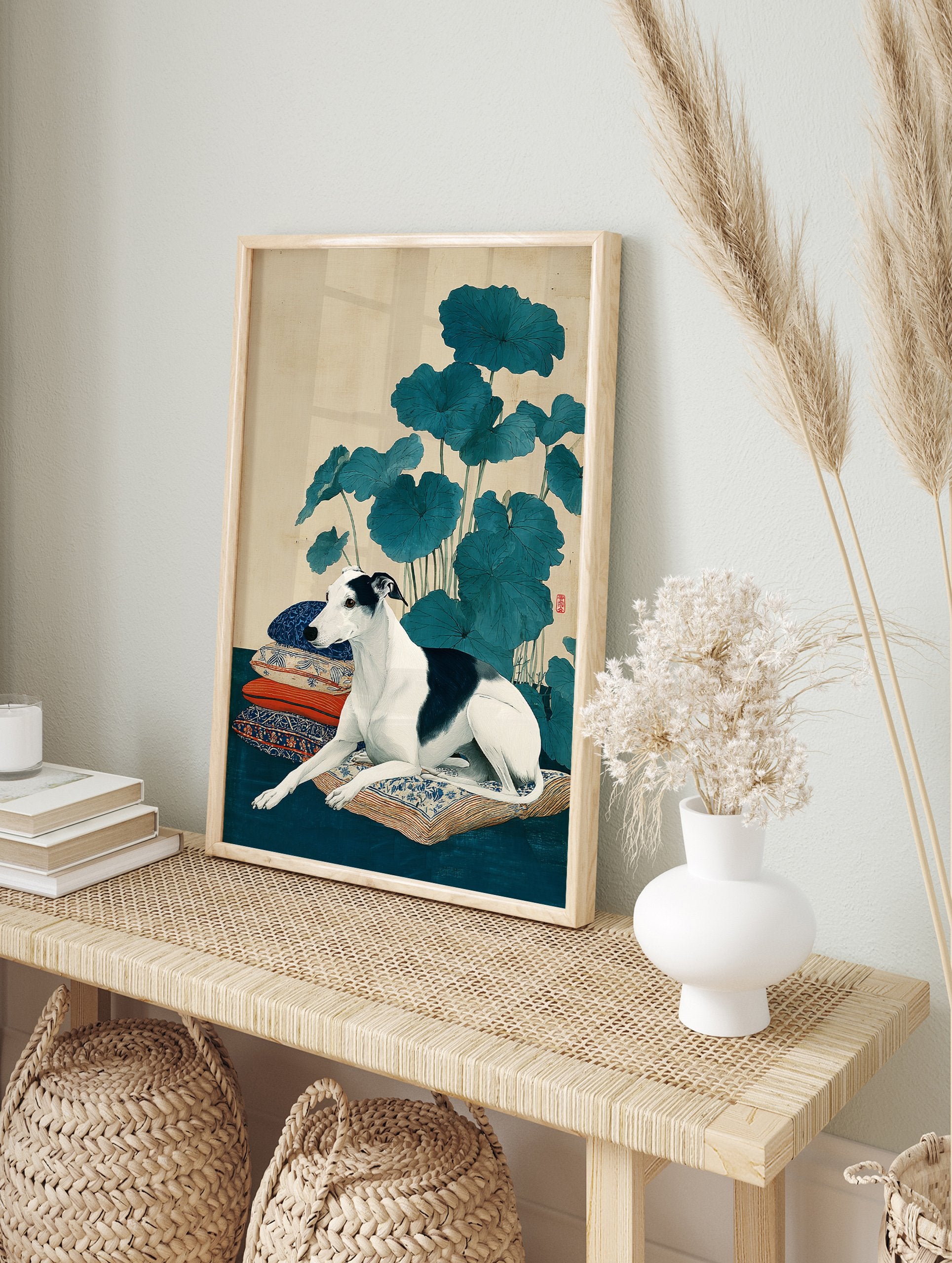 Japanese style greyhound dog wall art print lying on patterned pillows with large blue lotus leaves in a cream background. - Image 3