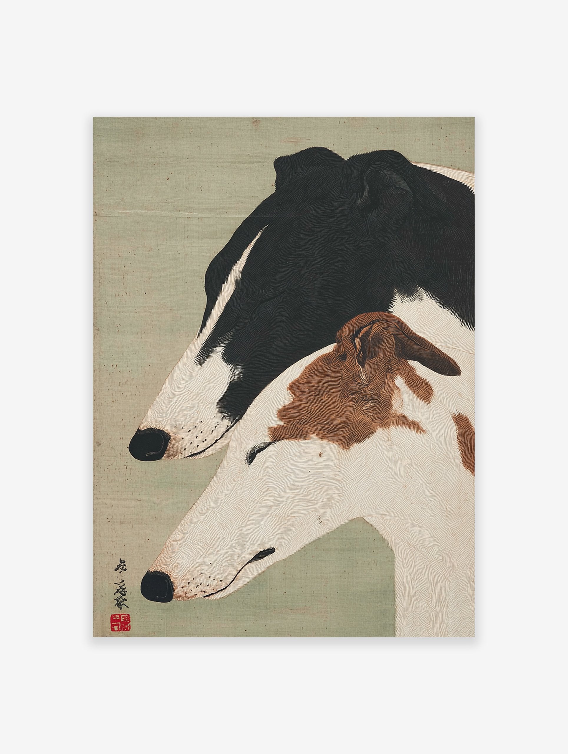 Japanese style Greyhound wall art print with two serene black and white and brown and white dogs on a green background.