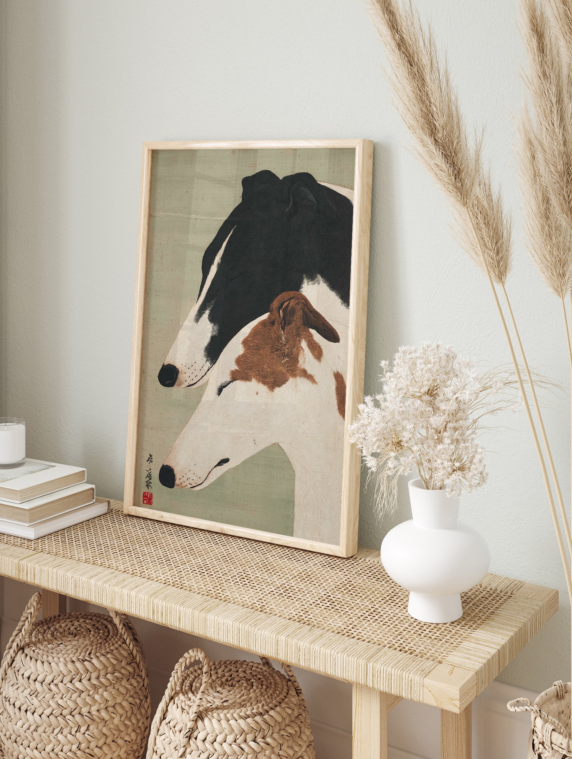 Japanese style Greyhound wall art print with two serene black and white and brown and white dogs on a green background. - Image 3