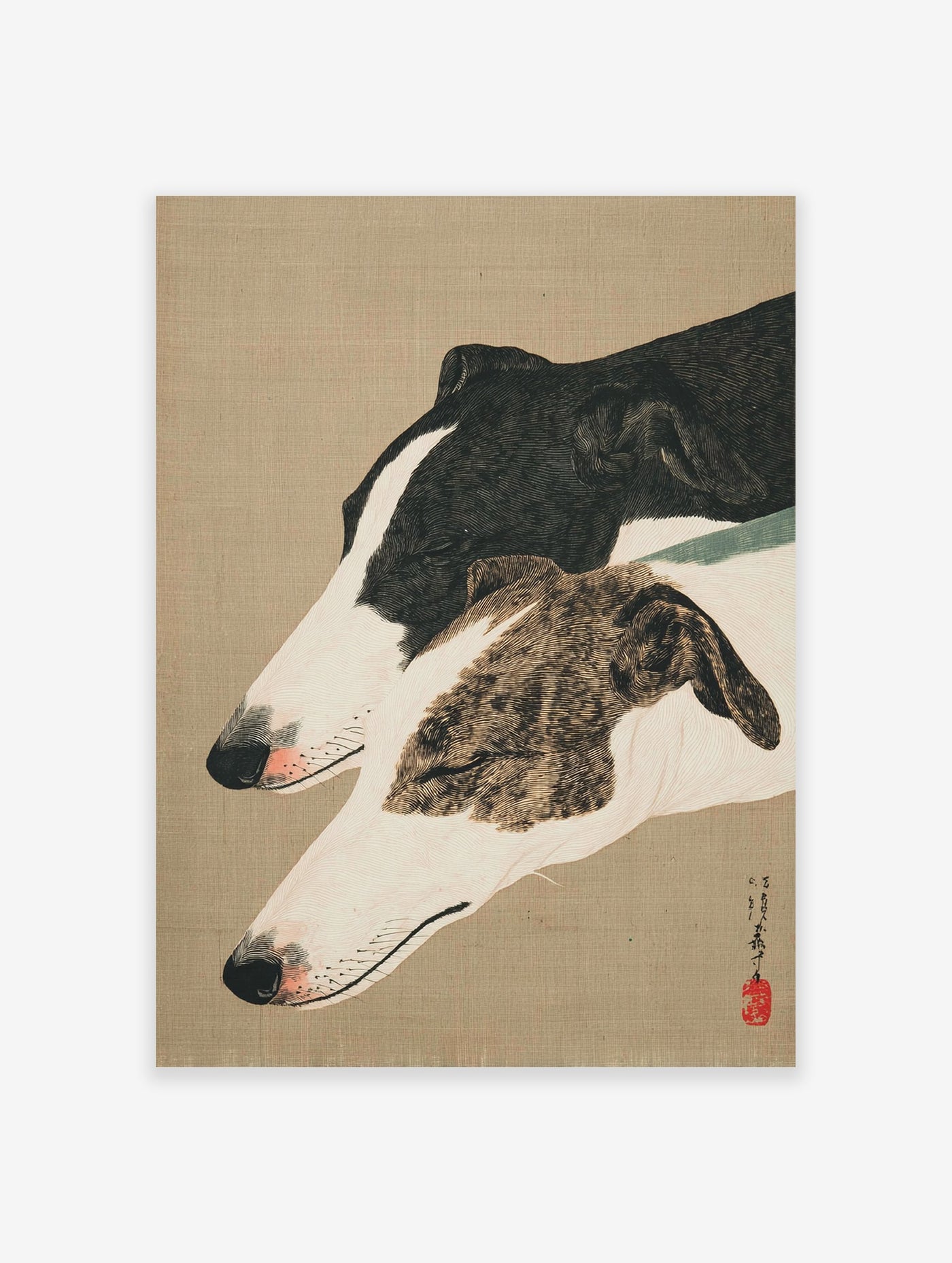 Japanese woodblock print of two greyhound dogs, one black and white, one brindle, in profile on a beige background. Greyhound wall art.