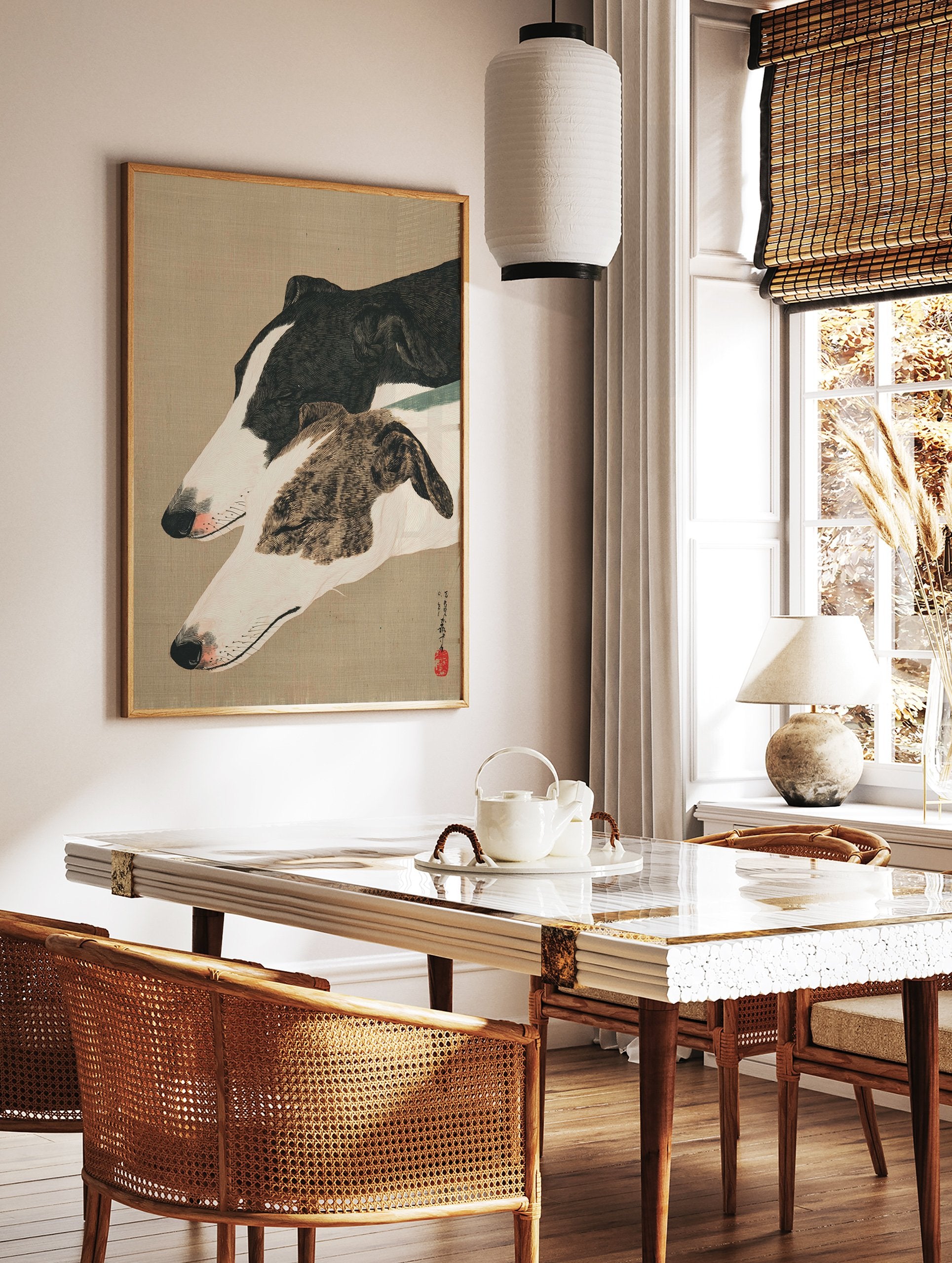 Japanese woodblock print of two greyhound dogs, one black and white, one brindle, in profile on a beige background. Greyhound wall art. - Image 2