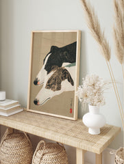 Japanese woodblock print of two greyhound dogs, one black and white, one brindle, in profile on a beige background. Greyhound wall art. - Image 3