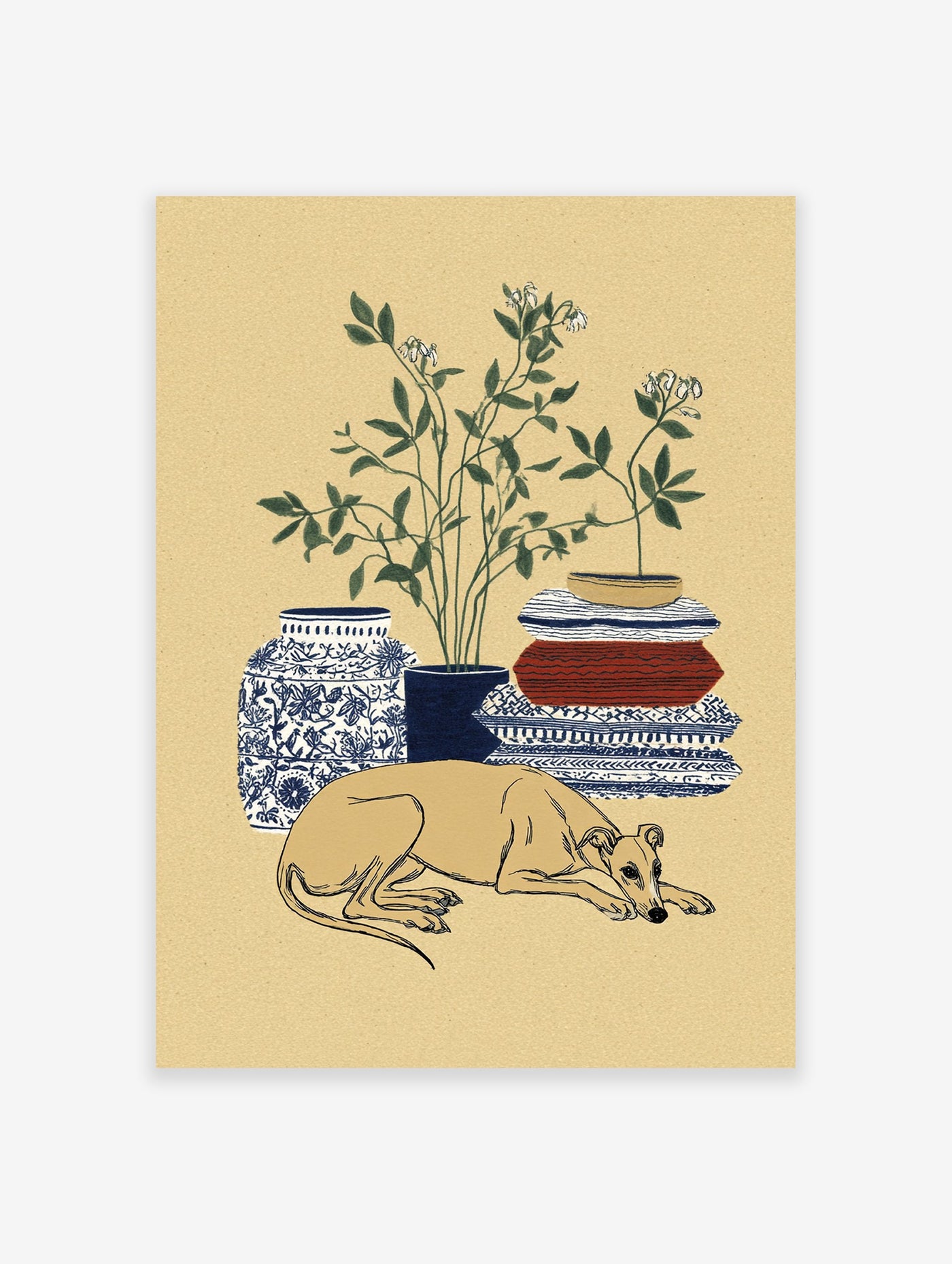 Greyhound wall art print of a sleeping dog with botanical plant, blue vase, and patterned blankets.