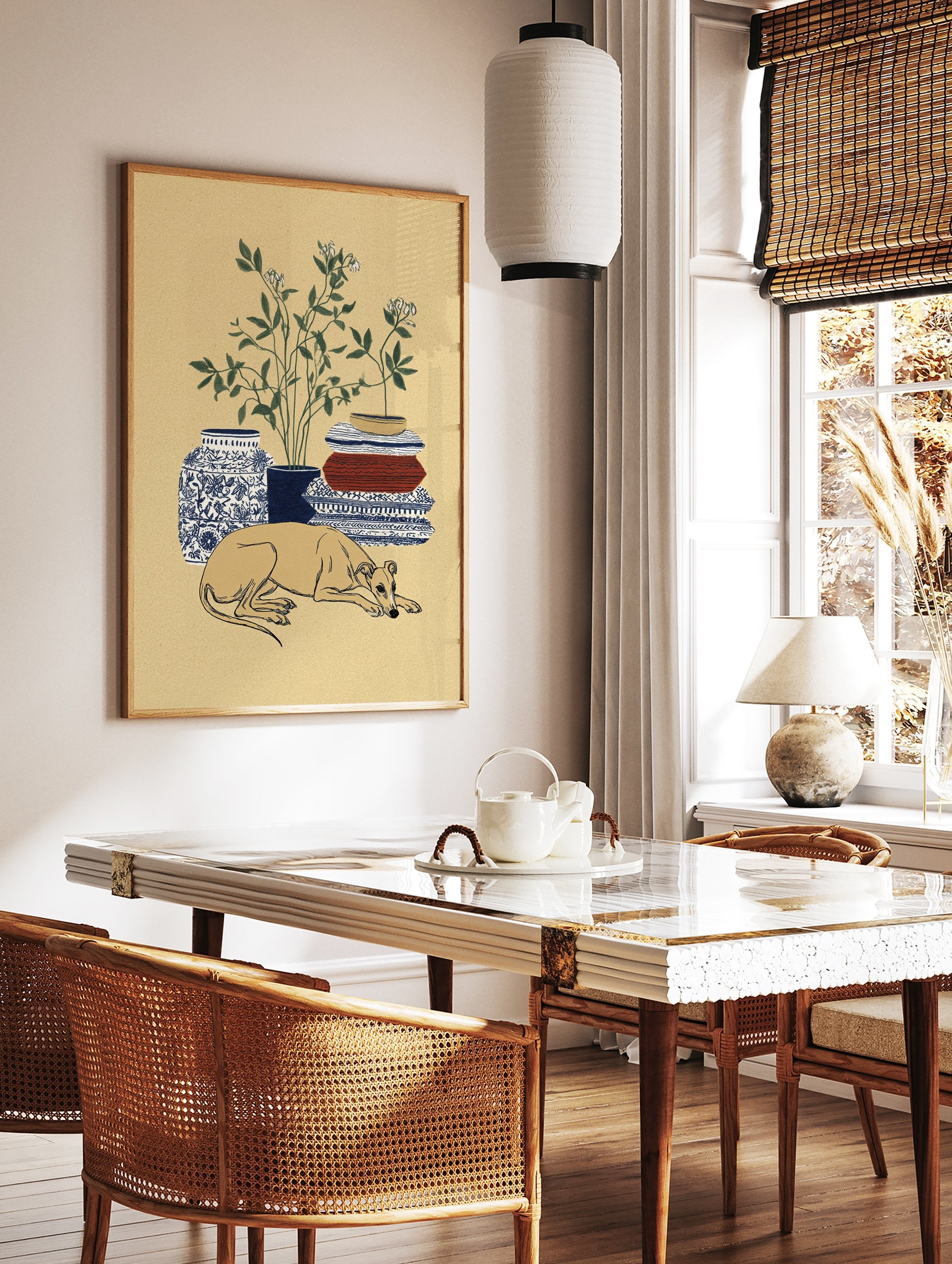 Greyhound wall art print of a sleeping dog with botanical plant, blue vase, and patterned blankets. - Image 2