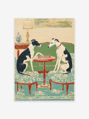 Greyhounds wall art showing two black and white dogs playing chess at a red table in an illustrated style.