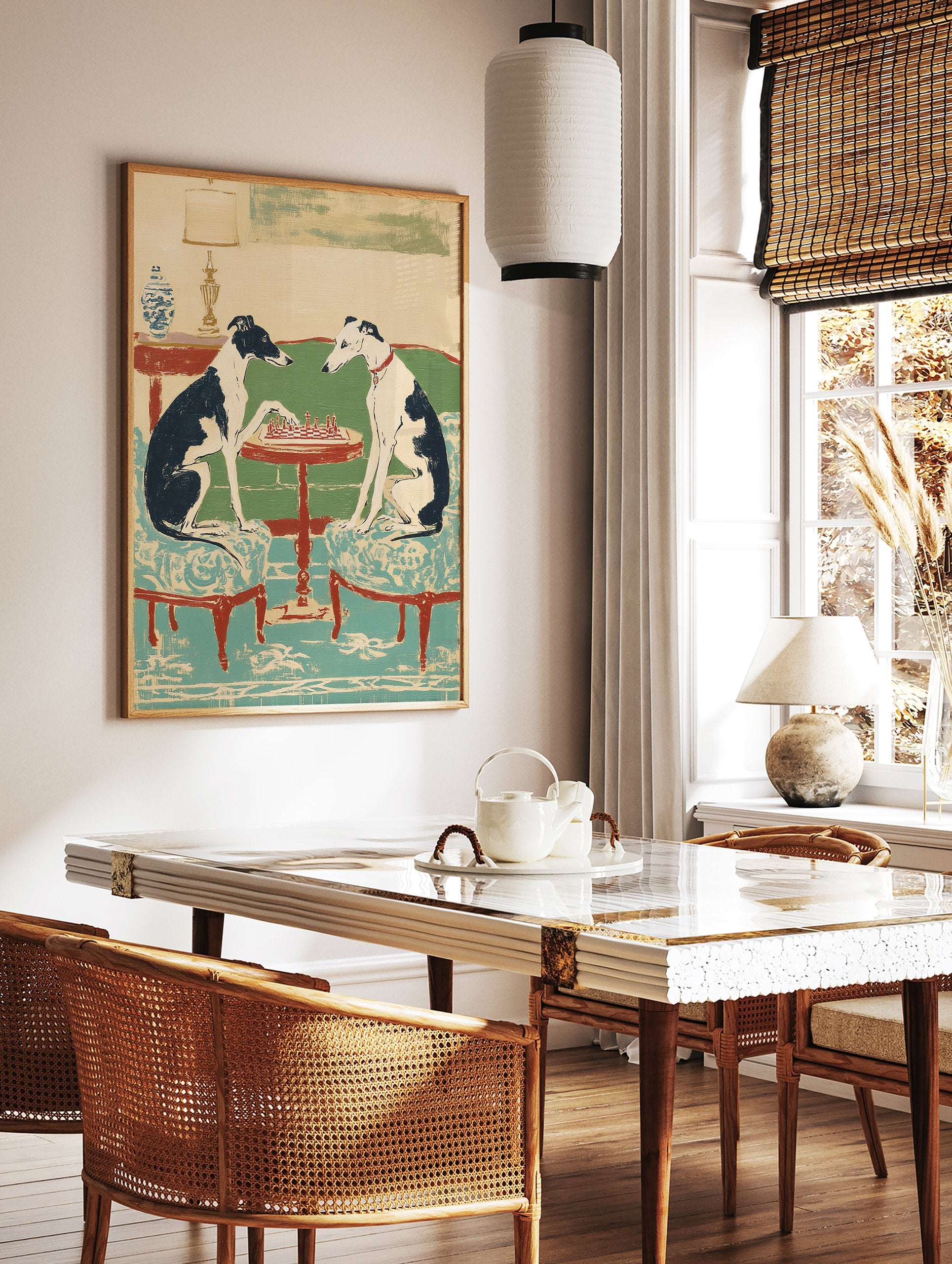 Greyhounds wall art showing two black and white dogs playing chess at a red table in an illustrated style. - Image 2