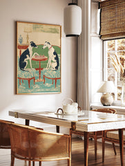 Greyhounds wall art showing two black and white dogs playing chess at a red table in an illustrated style. - Image 2