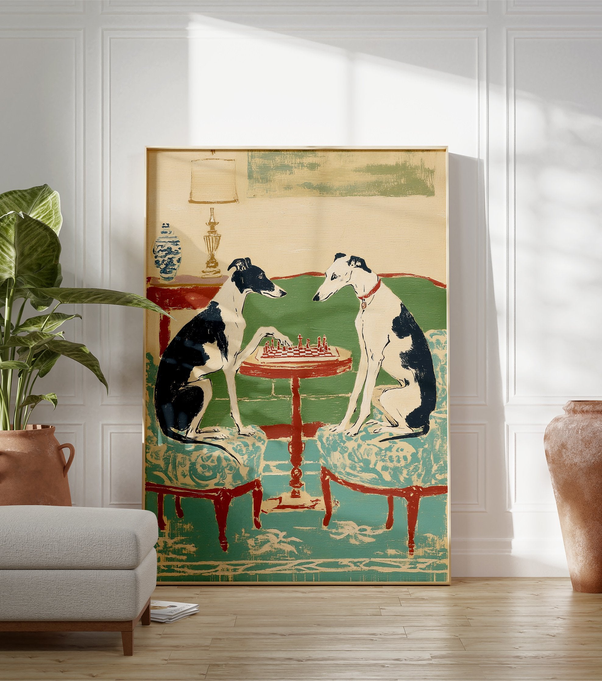 Greyhounds wall art showing two black and white dogs playing chess at a red table in an illustrated style. - Image 3