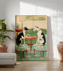 Greyhounds wall art showing two black and white dogs playing chess at a red table in an illustrated style. - Image 3