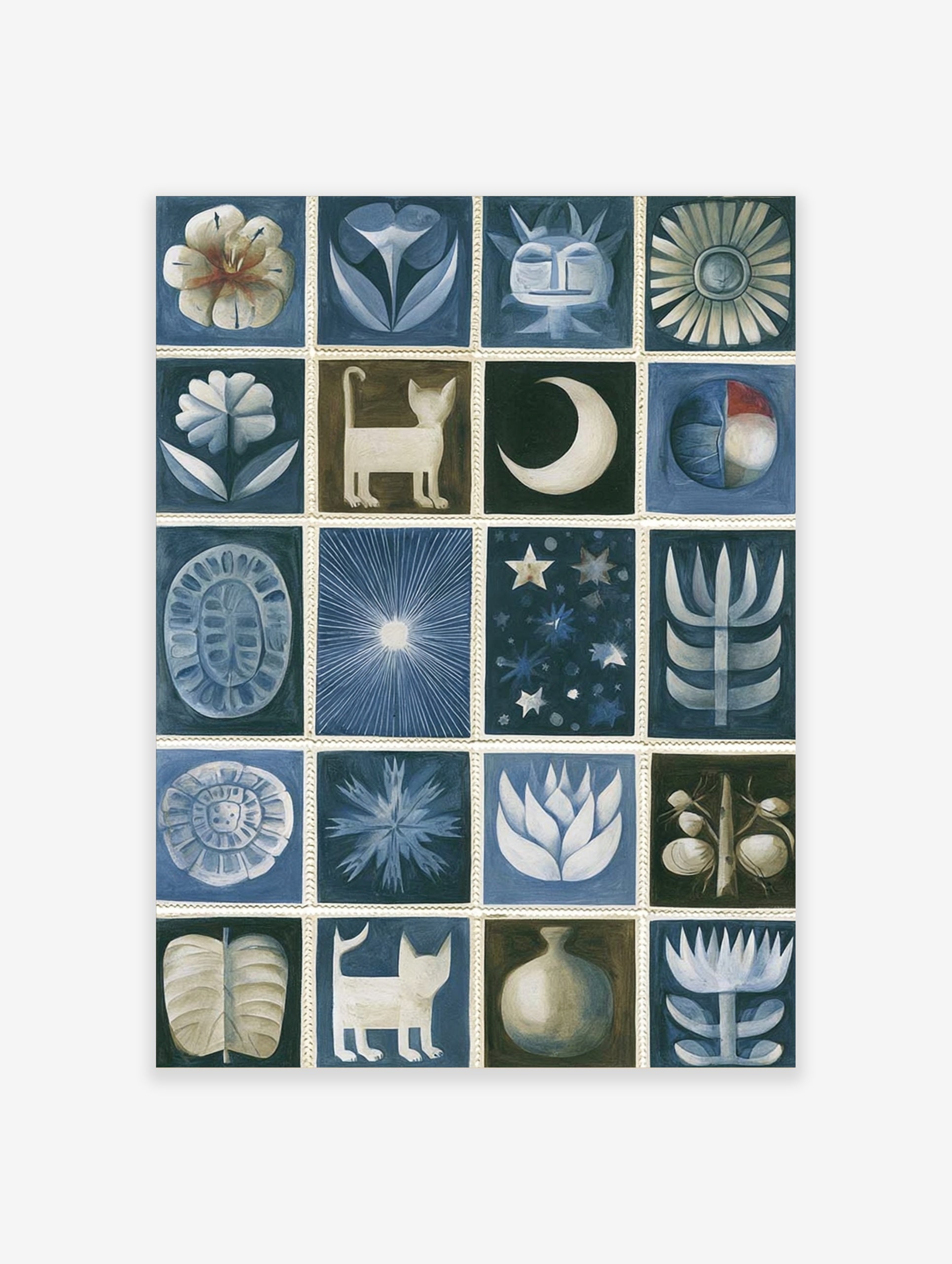 Grid of twenty stylized folk art illustrations featuring cats, flowers, and celestial shapes in blue and brown tones