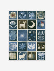 Grid of twenty stylized folk art illustrations featuring cats, flowers, and celestial shapes in blue and brown tones