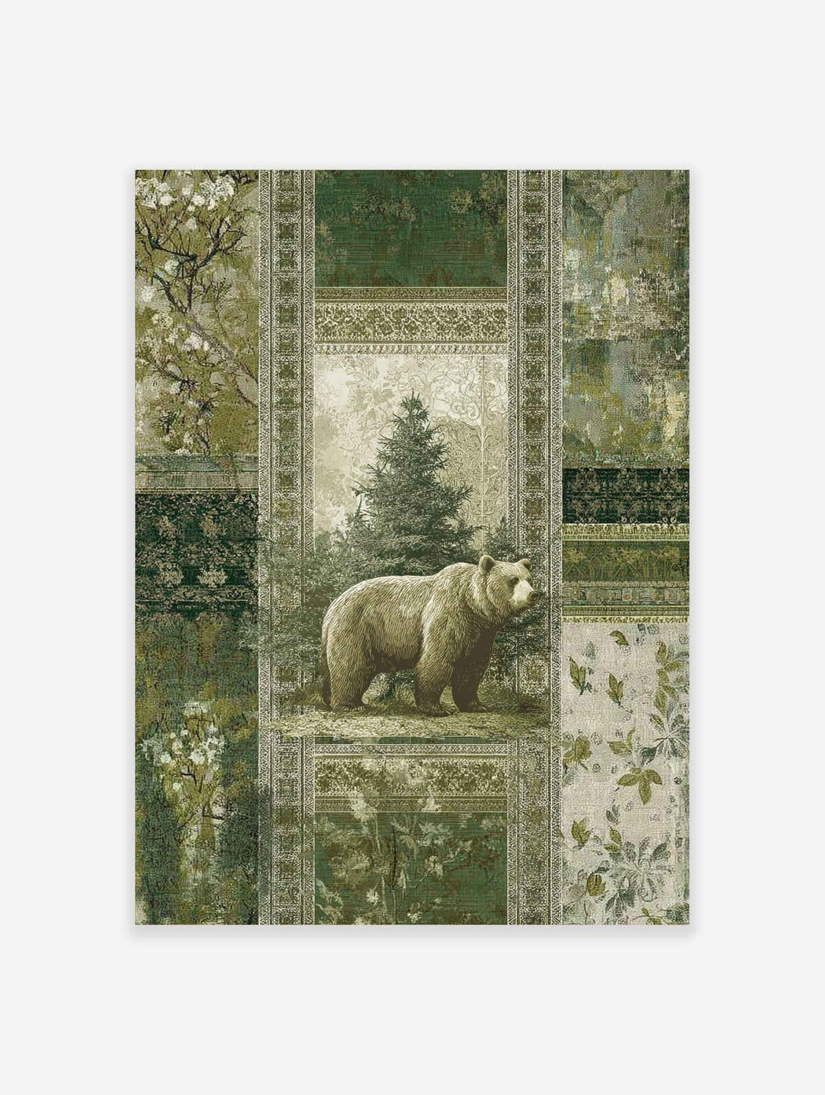 Grizzly bear illustration in green forest with ornate patterns, vintage wall art print