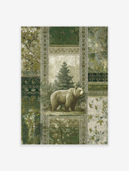 Grizzly bear illustration in green forest with ornate patterns, vintage wall art print