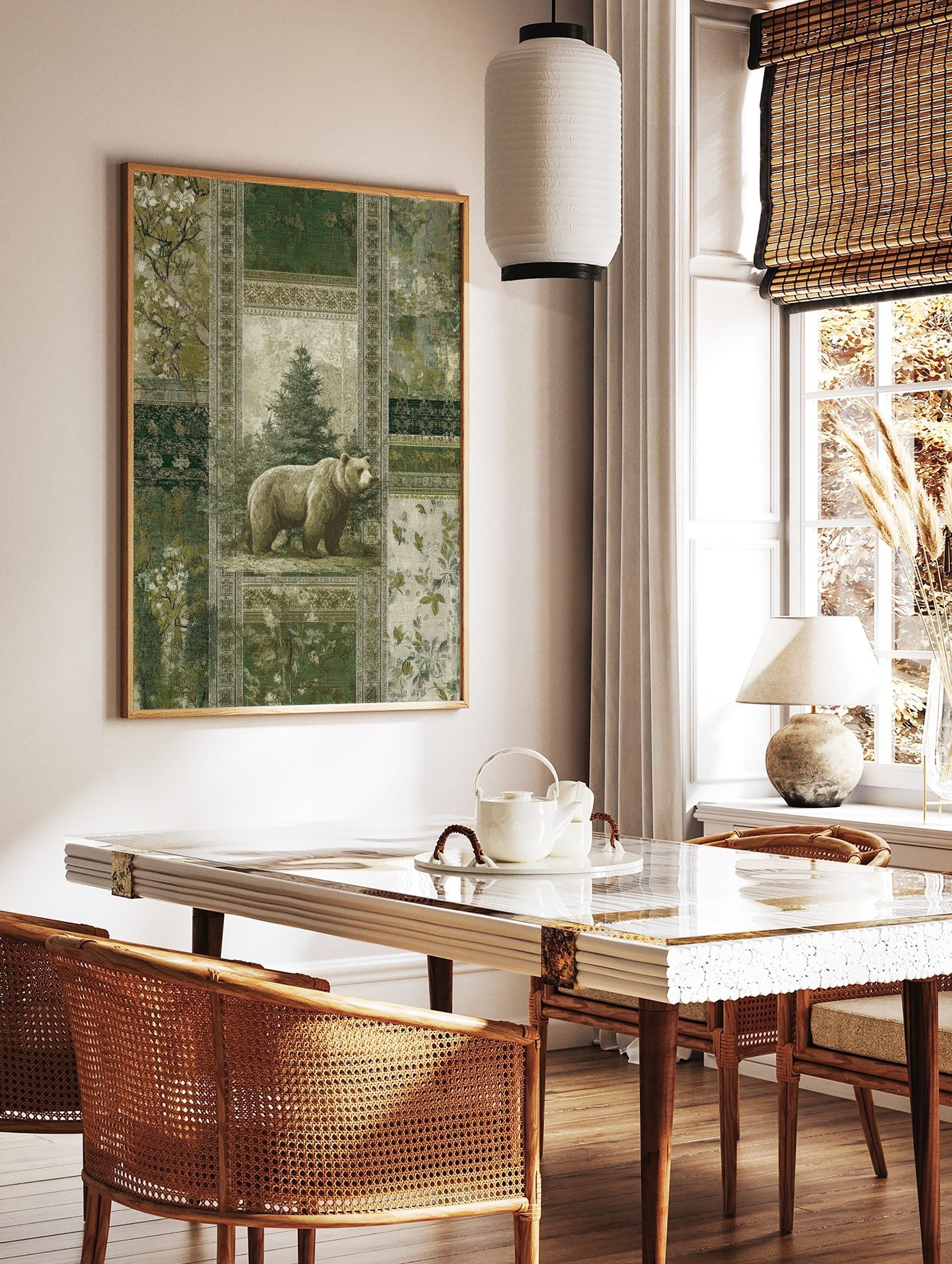 Grizzly bear illustration in green forest with ornate patterns, vintage wall art print, in a styled room mockup