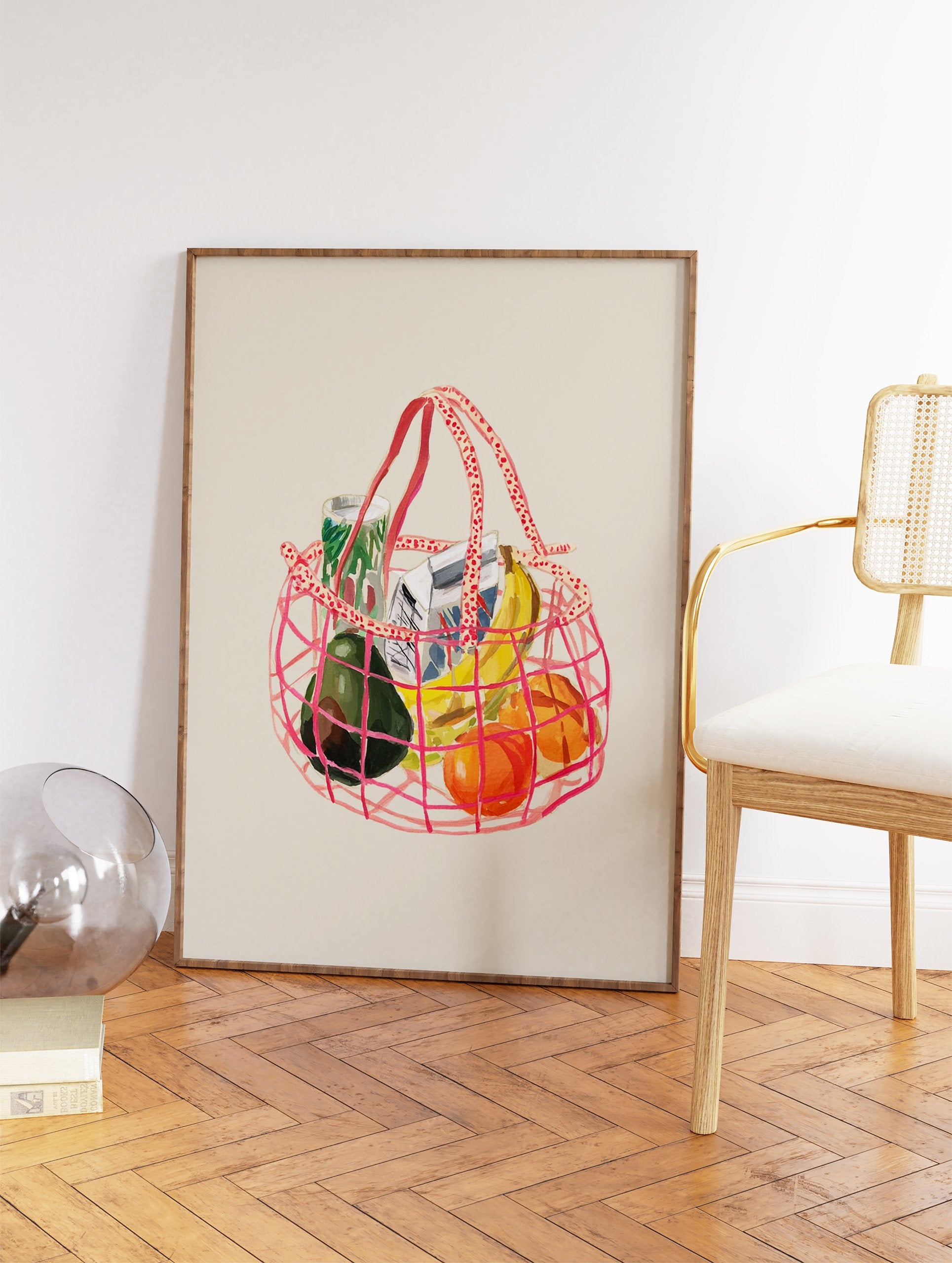 Illustrated art print featuring a pink mesh shopping bag filled with groceries like avocado, bananas, and oranges. - Image 2