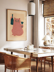 Grumpy red cat art print holding a dark blue wine bottle and a glass on a light peach background, illustrative style. - Image 2