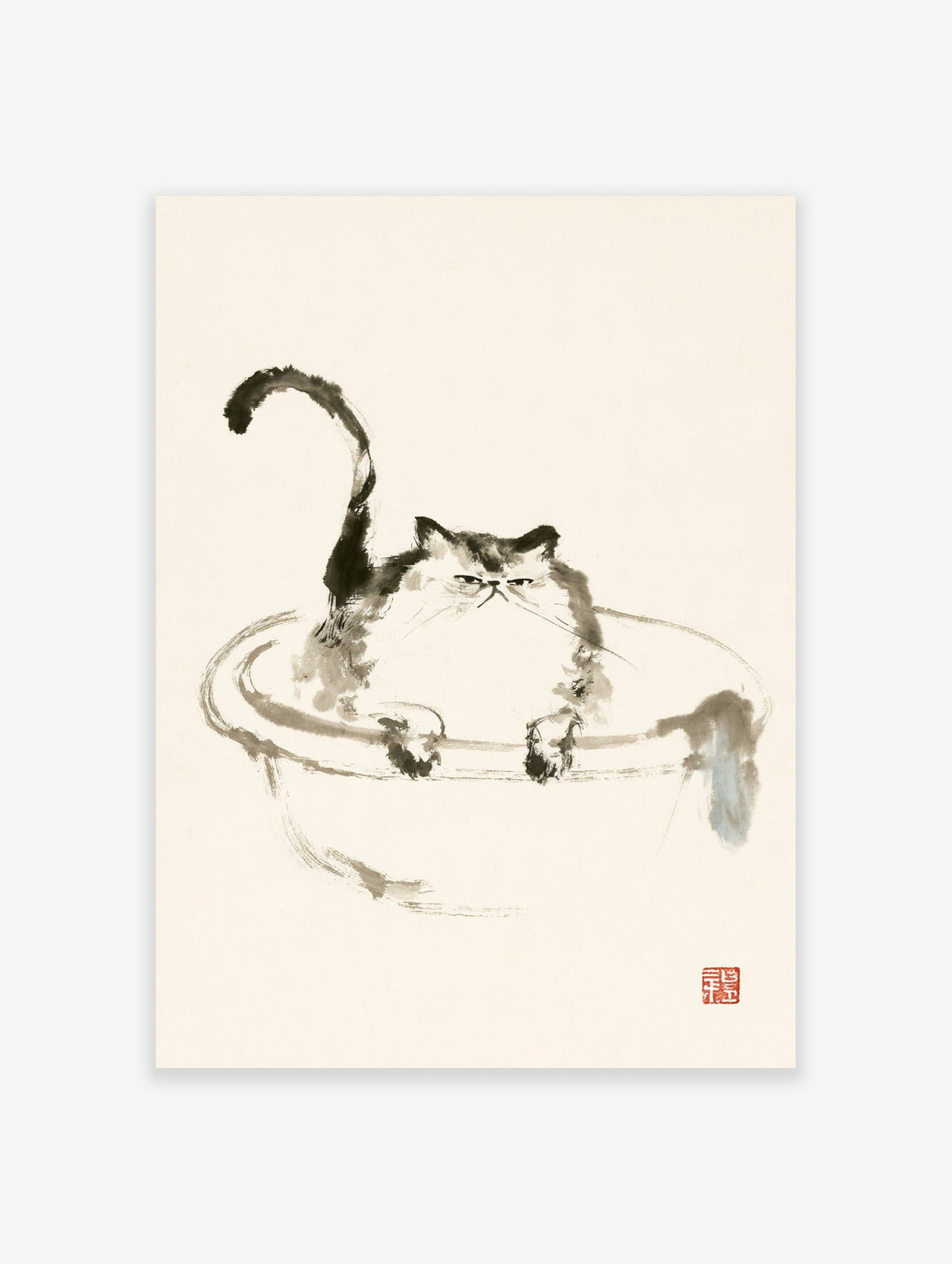 Grumpy cat sitting in a bowl, traditional Japanese ink wash art print with monochrome brushstrokes on paper