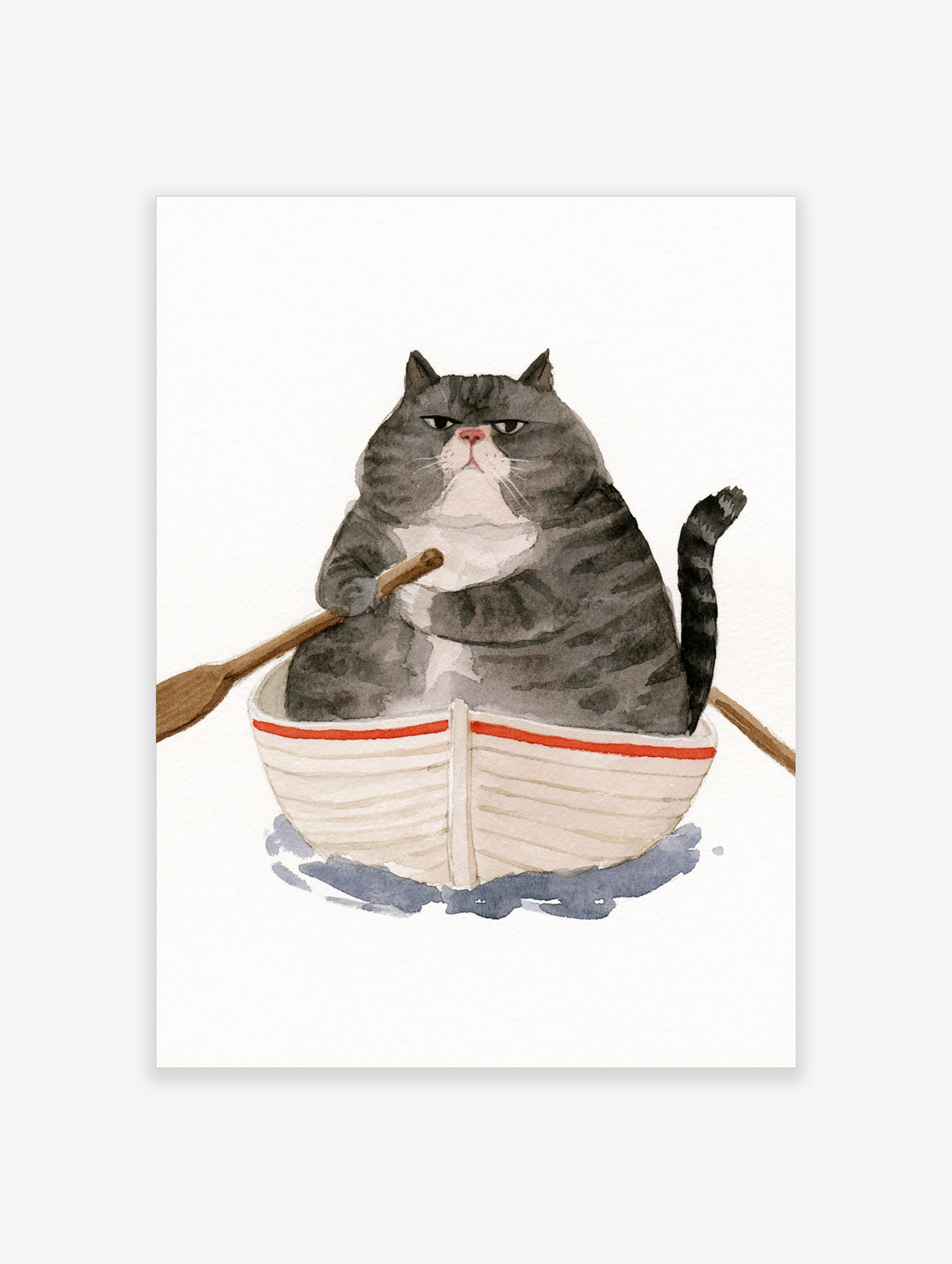 Watercolor illustration of a grumpy fat cat in a small rowing boat on a white background