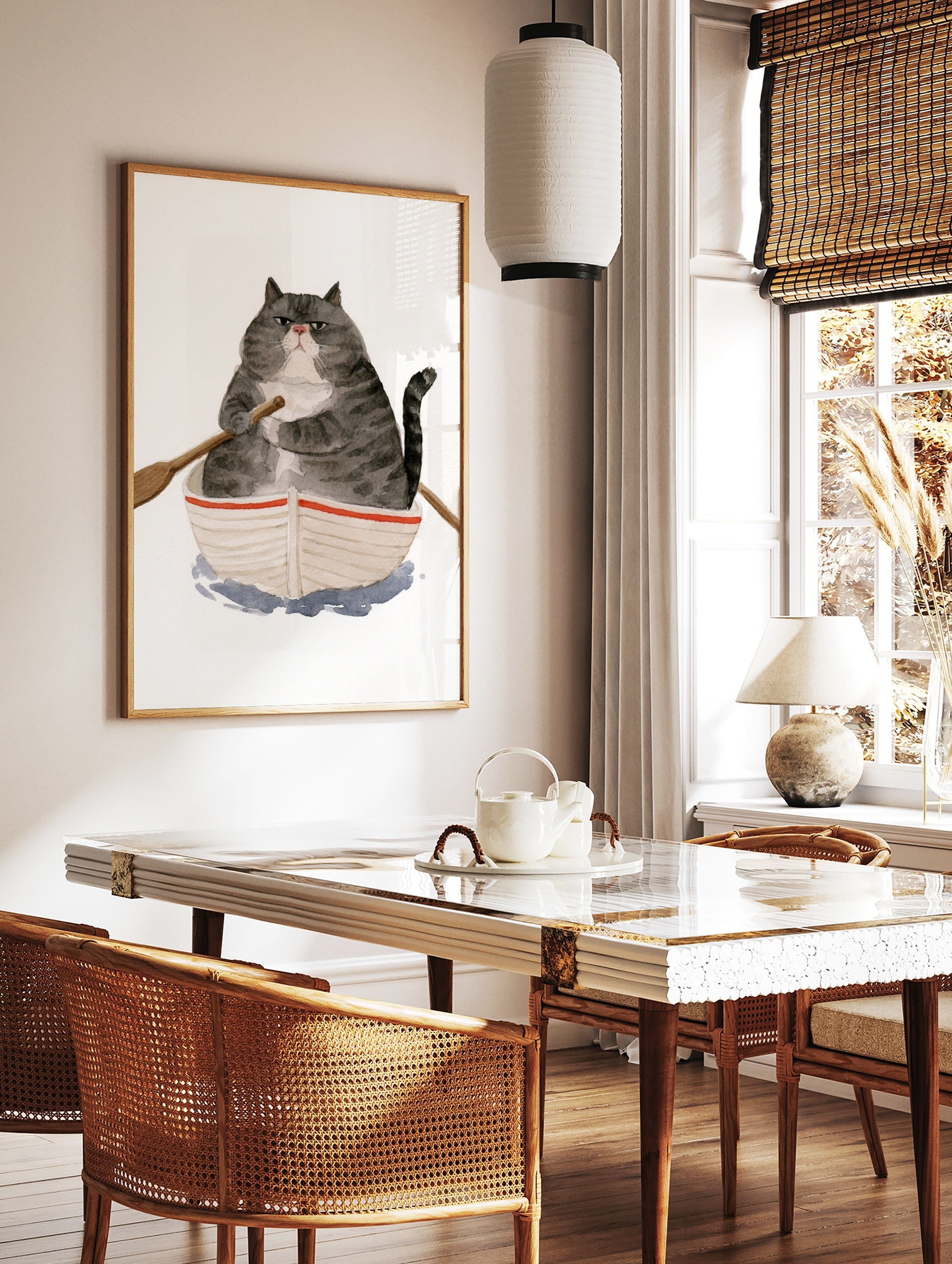 Watercolor illustration of a grumpy fat cat in a small rowing boat on a white background, in a styled room mockup