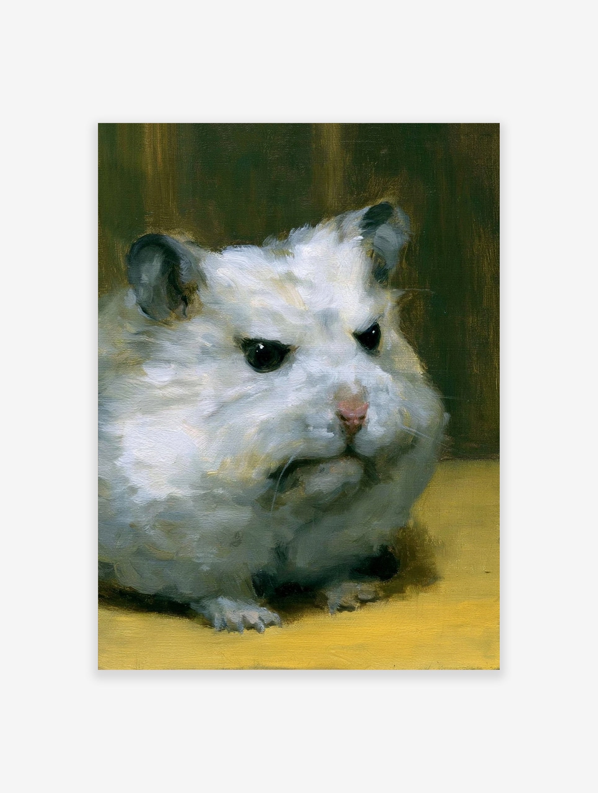 Painterly oil-style portrait of a grumpy white hamster on a yellow surface against a dark background