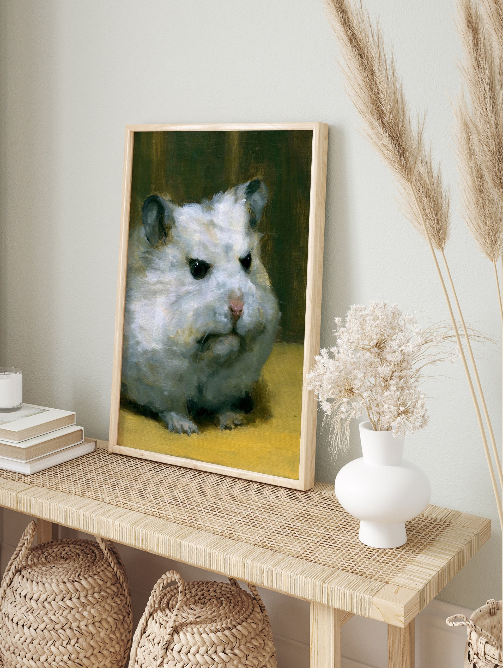 Painterly oil-style portrait of a grumpy white hamster on a yellow surface against a dark, in an alternate framed mockup