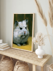 Painterly oil-style portrait of a grumpy white hamster on a yellow surface against a dark, in an alternate framed mockup
