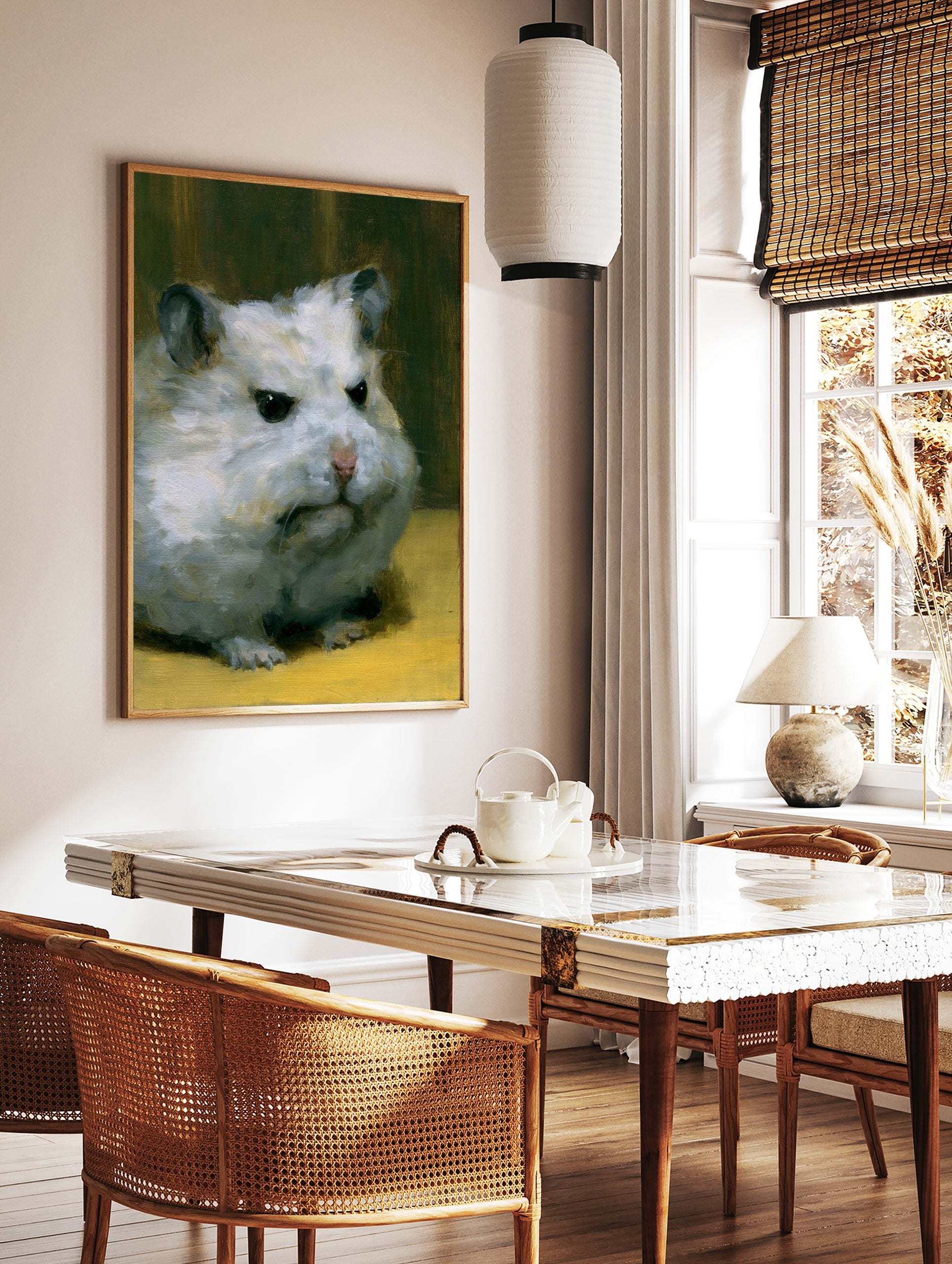 Painterly oil-style portrait of a grumpy white hamster on a yellow surface against a dark background, in a styled room mockup